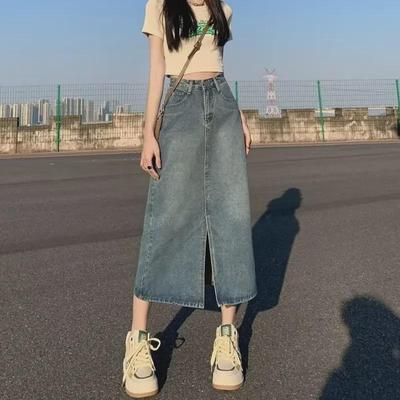 Jeansrock in A-Linie mit hoher Taille für Damen – lockere Passform für den Herbst, schmale Hüftbedeckung, mittellang mit Schlitz