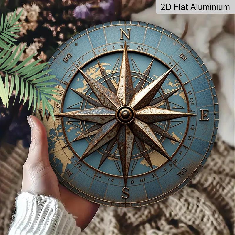 2D Flat 1pc Aluminum Decorative Item Vintage Compass-Style Wall Hanging 7.87 Inches × 7.87 Inches Ideal for Street Scenes, Shops, Bars, Cafes, Family