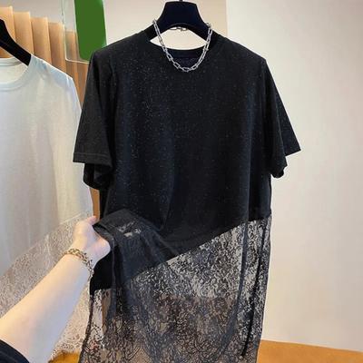 Damski T-shirt Okrągły Dekolt Krótki Rękaw Średniej Długości Bluzki Jednolity Kolor Rozcięcie po Bokach Koronka