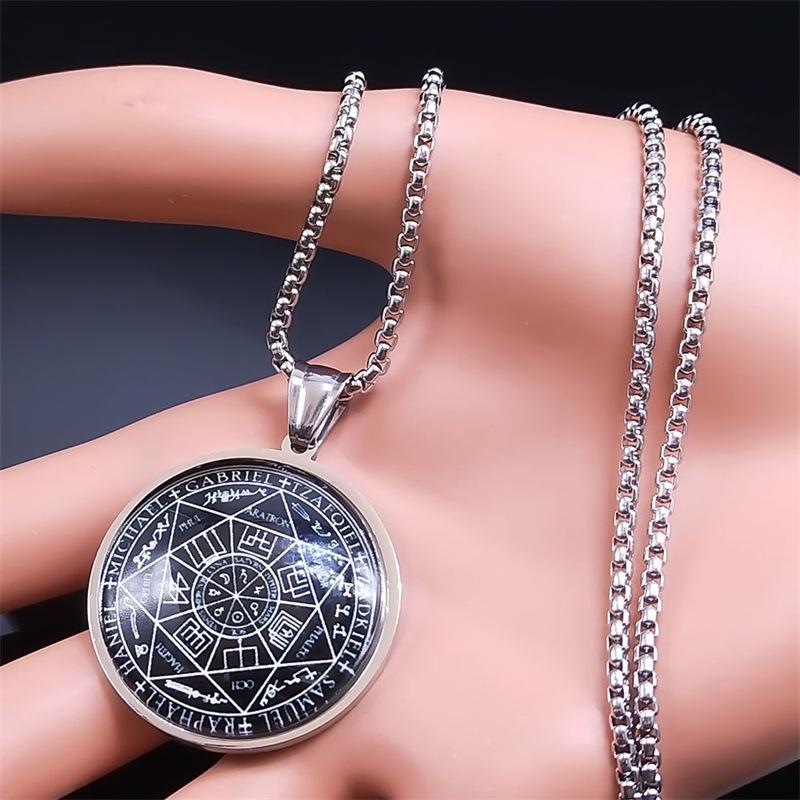 1Pc Seven Archangels Medal Stainless Steel Glass Necklace Solomon Talisman Necklace Protective Jewelry Medal