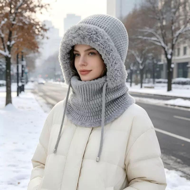 **Stor Hovedstørrelse Integreret Hue Kvinder Efterår Vinter Fleece Fortykket Ansigtsdækning Strikket Hue Halsedisse Maske Varm Pullover Balaclava**