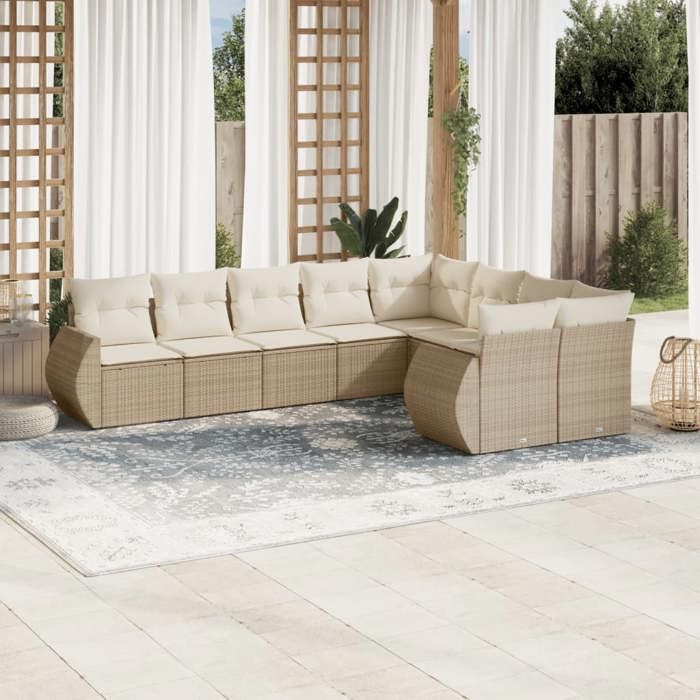 VidaXL Salon de Jardin avec Coussins 9 pcs, Canapés de Terrasse, Ensemble de Meubles de Patio, Mobilier d'Extérieur, Beige 3254175