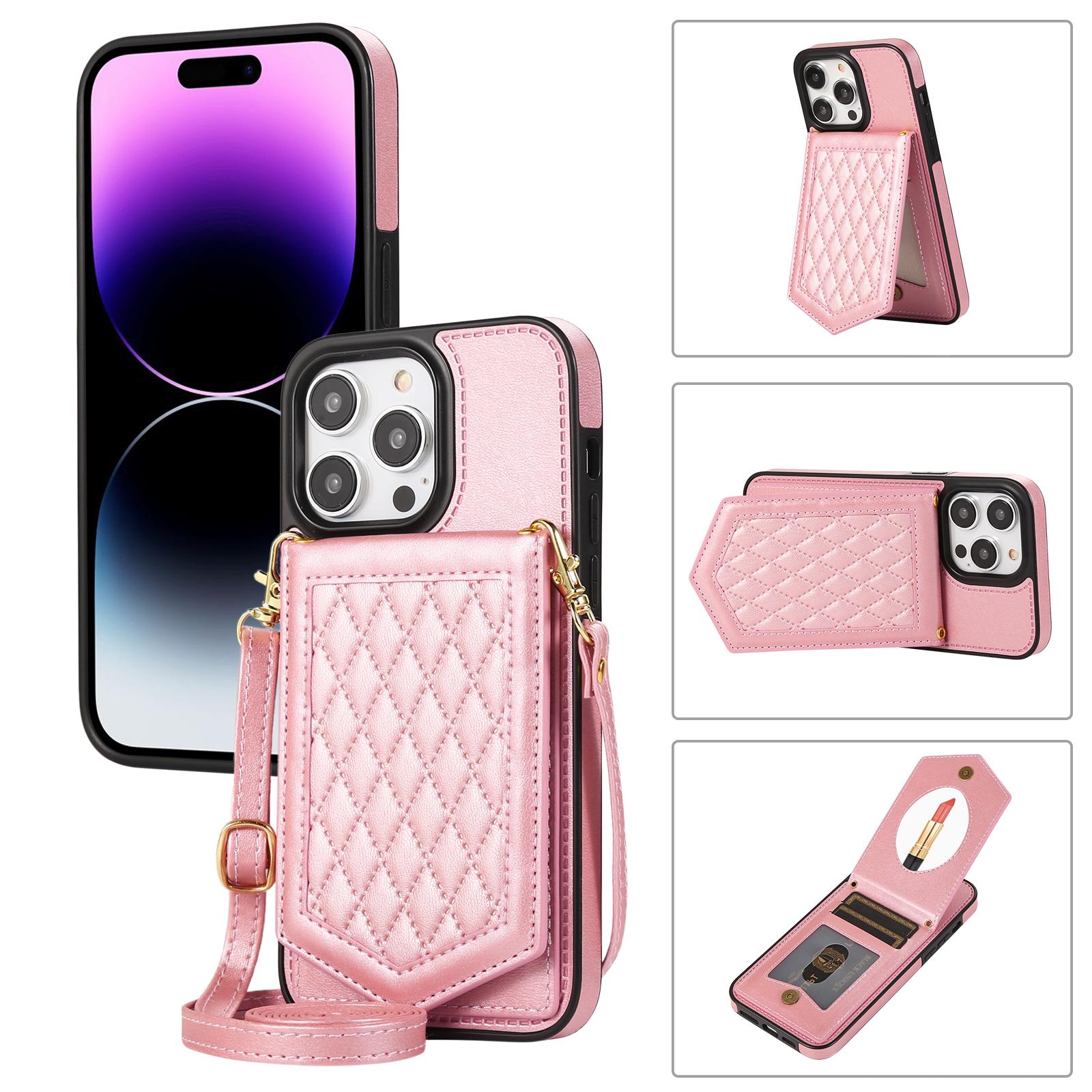 

For iPhone 16 Pro Cover TPU Leather Phone Case RFID Blocking Hidden Mirror Rose Gold