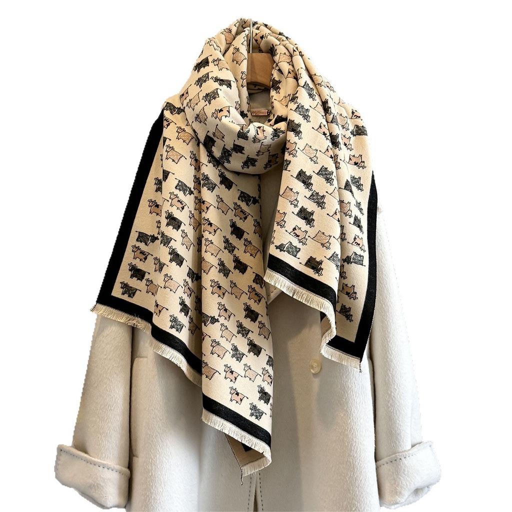 Autumn New Sweet Age Reduction Cute Calf Pattern Scarf Women Thickened Warm Daily Commuting Multi-functional Scarf
