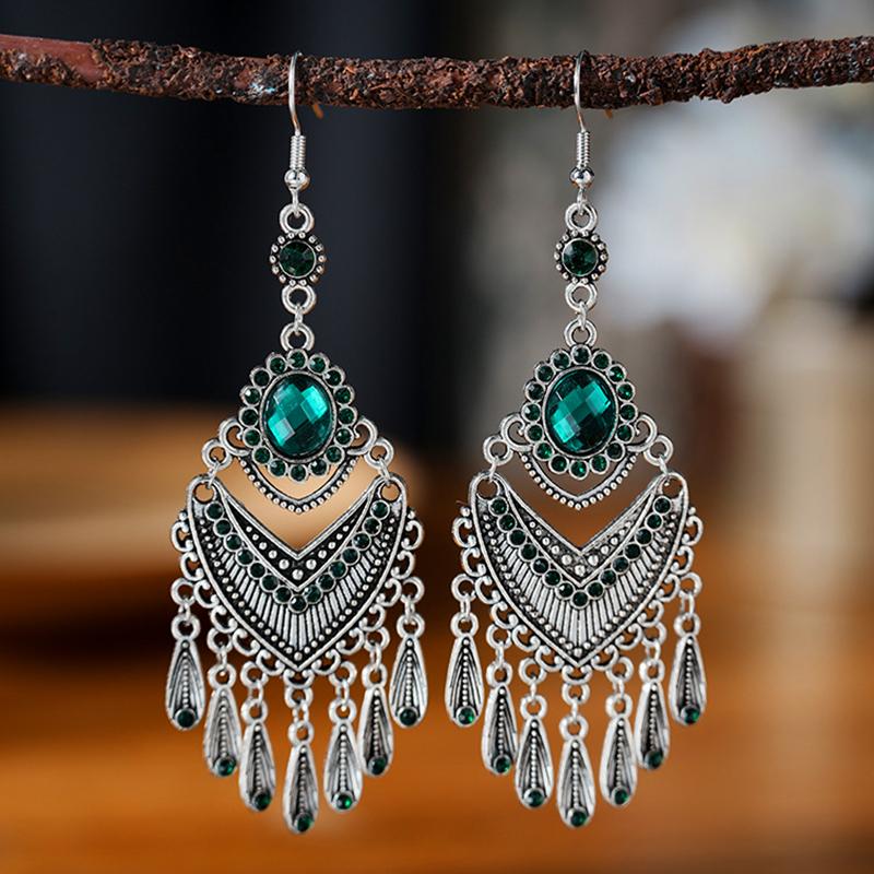 

Vintage Palace Style Purple Crystal Long Tassel Earrings for Women Elegant Ethnic Silver Color Metal Dangle Earring Jewelry зелёный