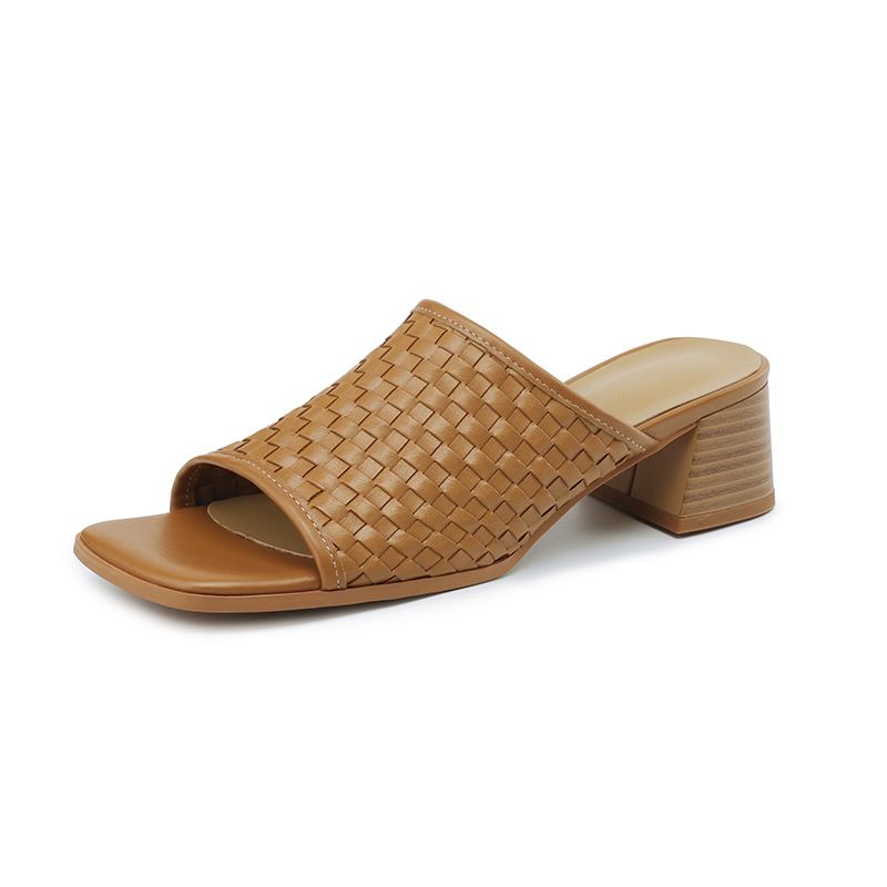 Krazing Pot Naturalne skórzane podstawowe stylowe muły z odkrytymi palcami średnie obcasy letnie buty rzymskie tkane zdobienie damskie sandały