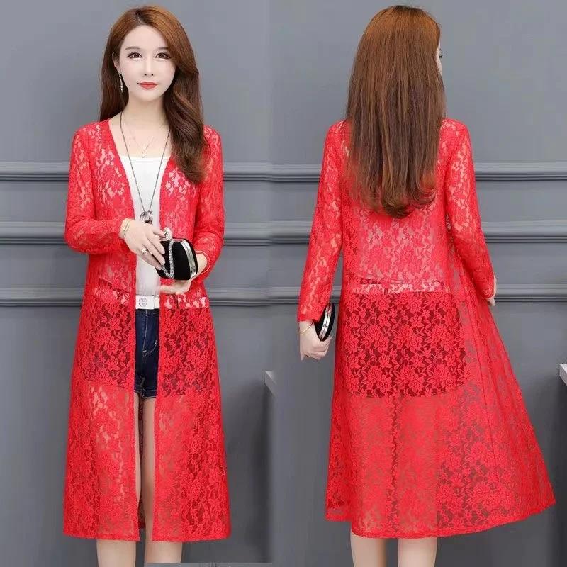 Women's Mid-length Summer Lace Sunscreen Cardigan Fashion Thin Coat with Matching Skirt Top Mesh Shawl Casual Lady Cardigan