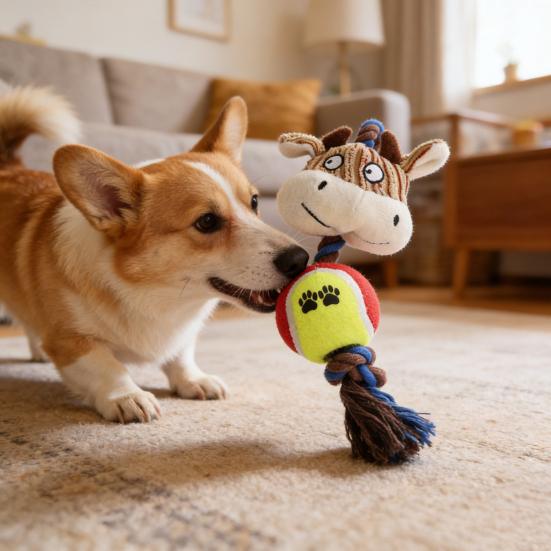 Plüsch Hundespielzeug Quietschende Tierkopf Tennisball Hund Kauspielzeug Interaktiver Seilknoten Zahnungsspielzeug für mittelgroße große Hunde Tauziehen Zahnpflege