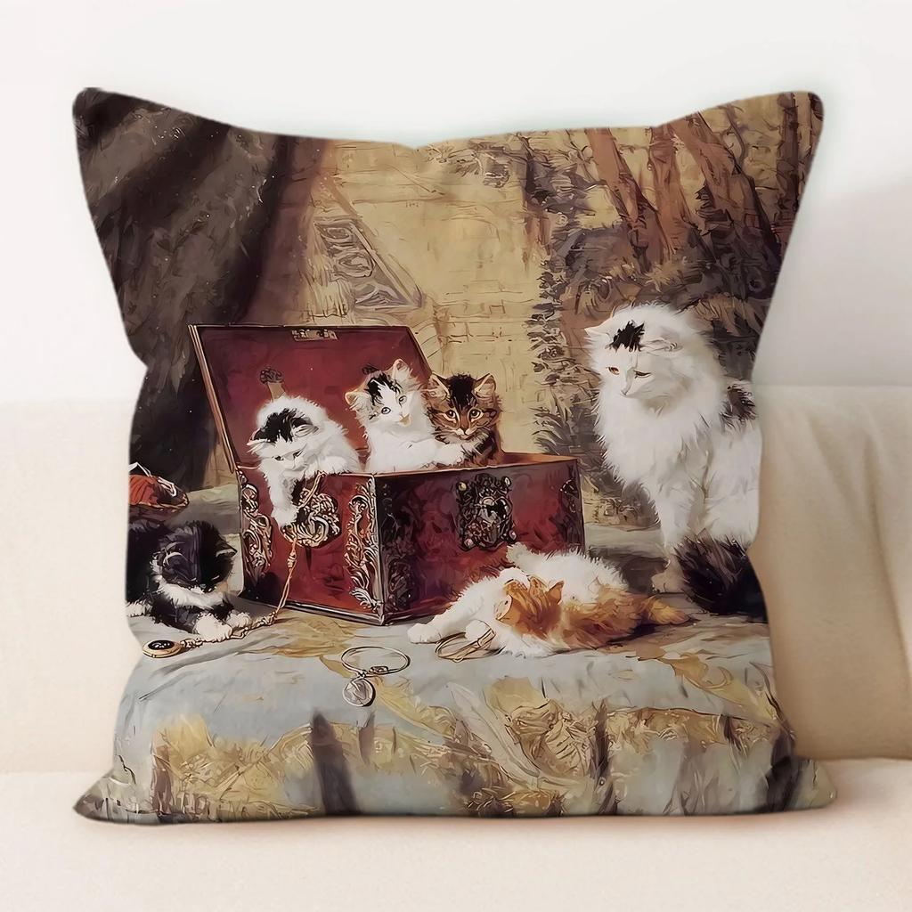 Oil Painting Cat Cat Picture Pillowcase Living Room Sofa Cushion Cover Bedside Pillow Pillowcase Home Decoration