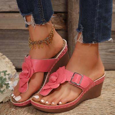 2024 New Foreign Trade Flower Sandals Belt Buckle Casual Solid Color Retro Flip Fops Large Slope Heel Sandals for Women
