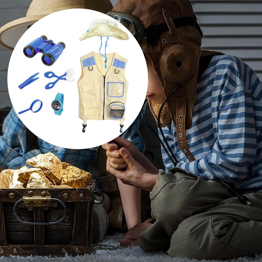 Kinder Entdecker Kostüm Set Ausgefallenes Verkleiden Weste und Hut Rollenspiel Lernspielzeug Requisiten Campingausrüstung