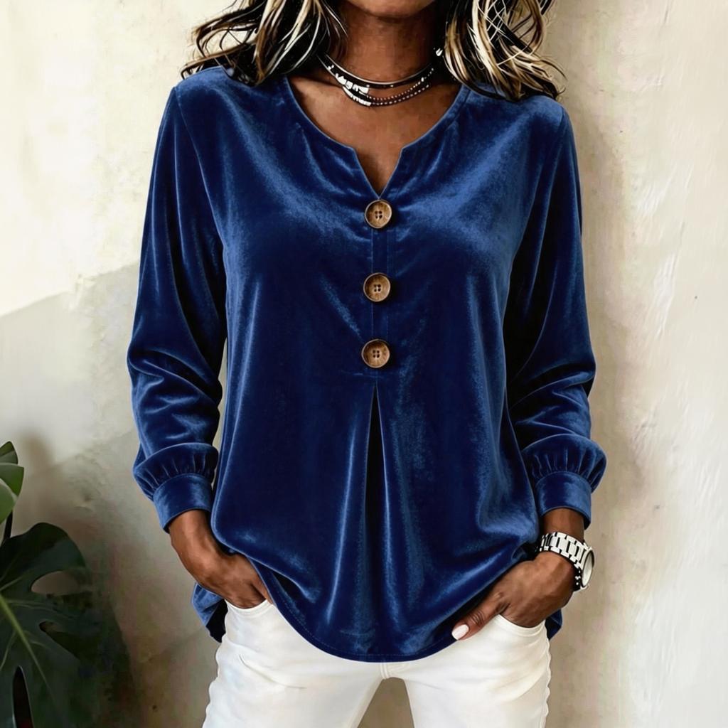 Blouse Haut Top Velours Élégant à Boutons sur le Devant et Manches Longues pour Femme