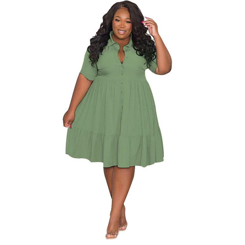 

Европейское и американское женское однотонное платье-рубашка с лацканами - Большой размер, с короткими рукавами, модное и повседневное, лето 2021. XL армия зеленый