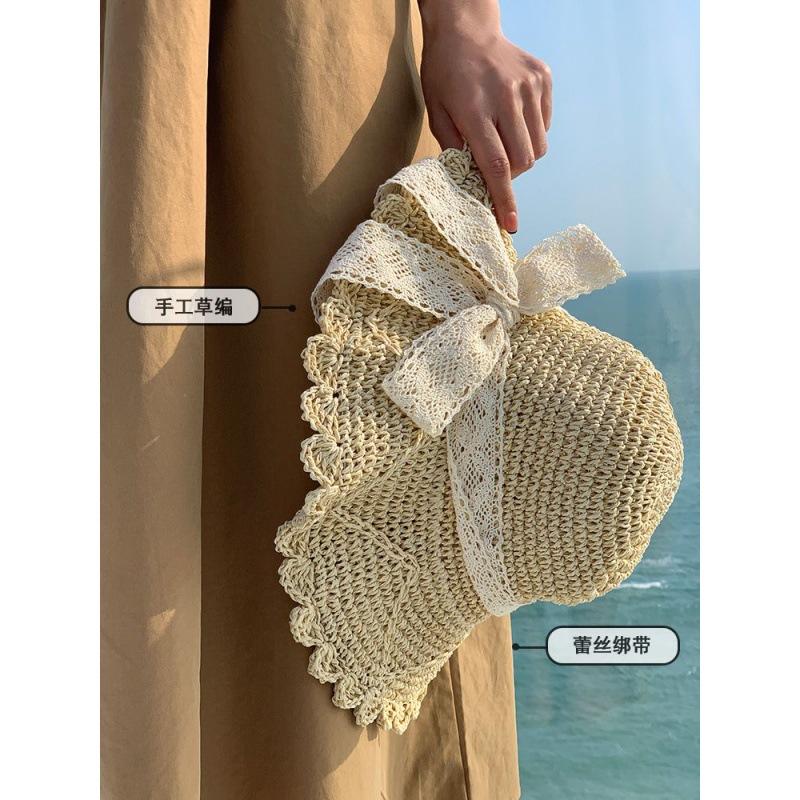 Handwoven bow hat women's summer outdoor Sanya seaside beach sunshade sunscreen big eaves bucket hat