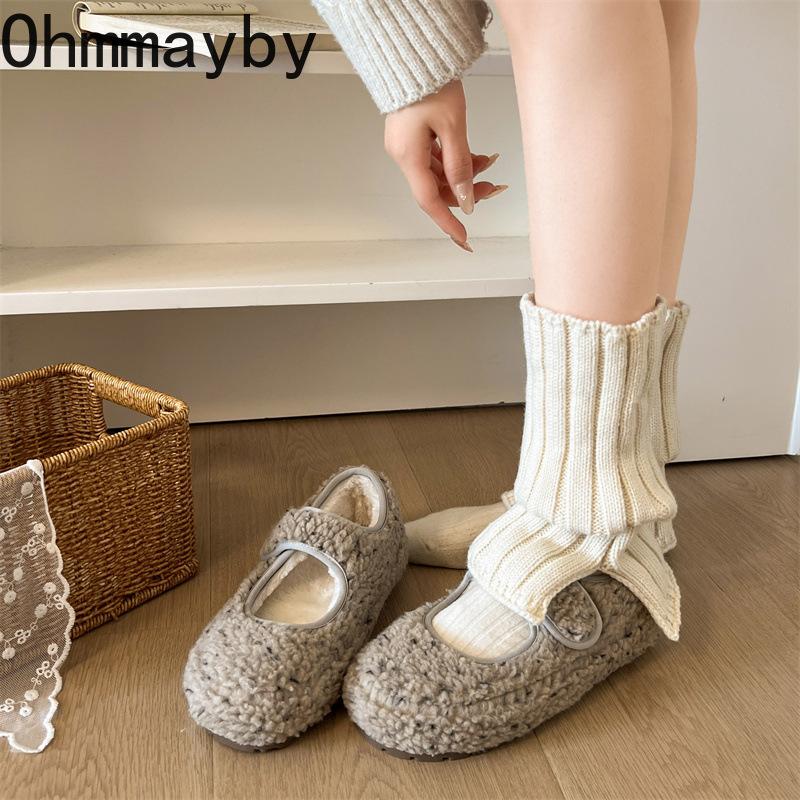 Warm Cotton Women Flats Shoes Comfort Soft Sole Short Plush Mary Jane Shoes Outdoor Furry Shoes For Autumn Winter