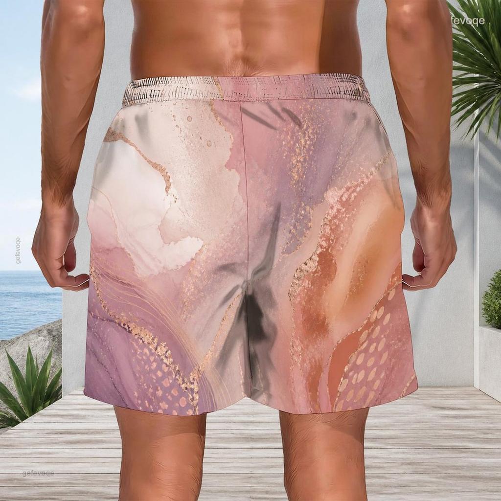 Men Plus Size Printed Beach Shorts Drawstring Waist Side Pockets Straight Leg