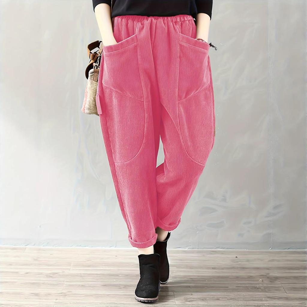 European & American Women's Corduroy Pants - Elastic Waist, Pocketed, Loose Fit, Tapered Leg, 2026 Autumn/Winter Collection