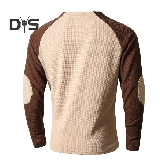 Frühlings- und Herbstoberteil für Herren, normale Passform, Farbblock-Langarm-T-Shirt, geknöpfter Rundhalsausschnitt, Patch-Dekor, lässiges Sport-Party-T-Shirt