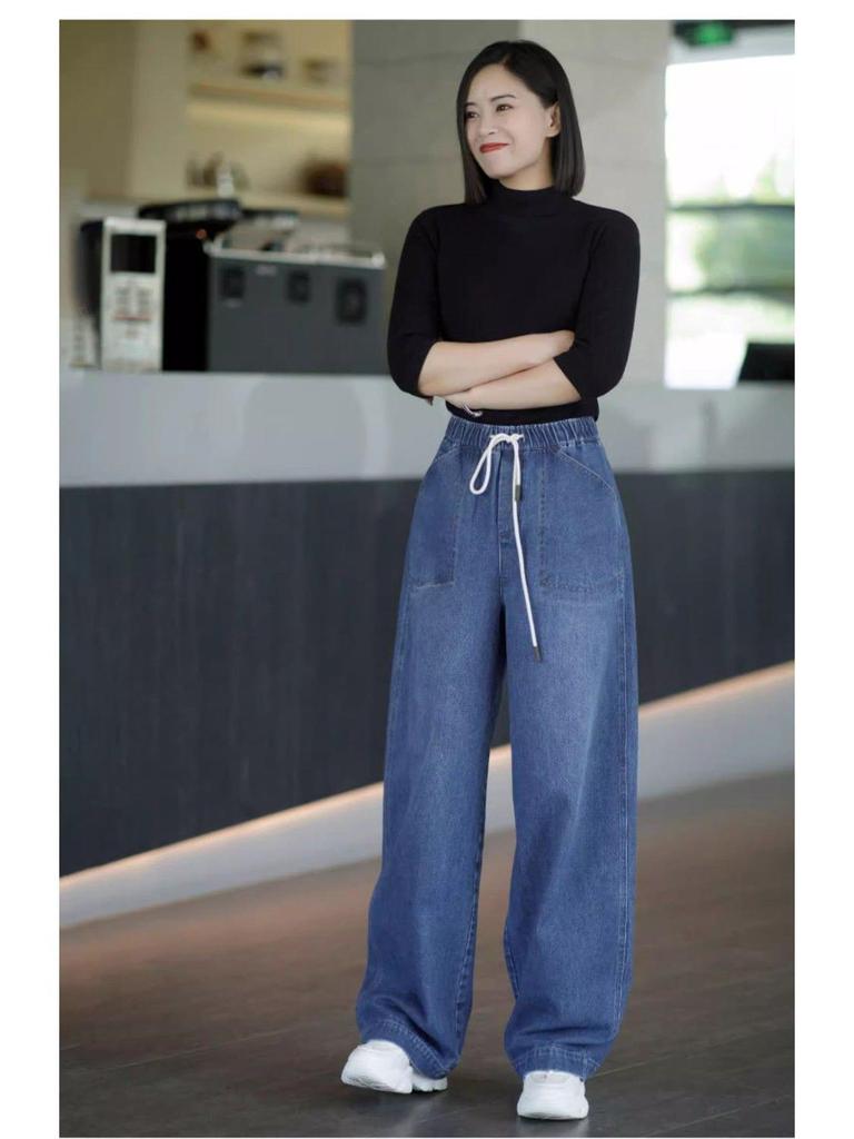 Autumn 2025 Women's High-Waisted Wide-Leg Jeans - Versatile, Casual, Drawstring, Floor-Length Style