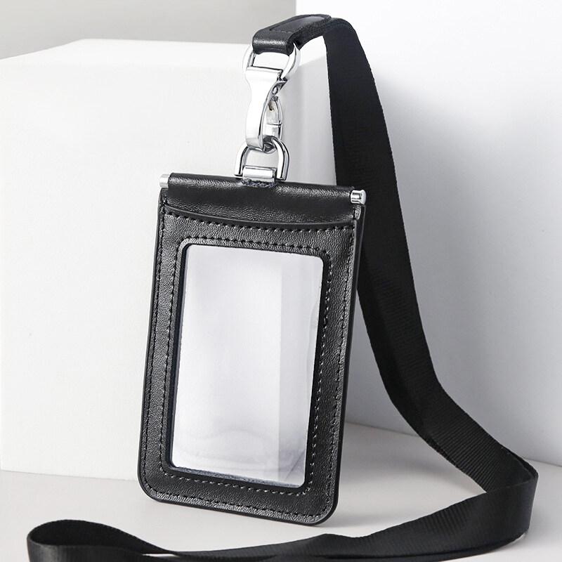 Double Sided Transparent PVC and Real Leather Work Card Holder with Lanyard Staff Hanging Neck Anti-interference Protection ID Badge Cards Cases