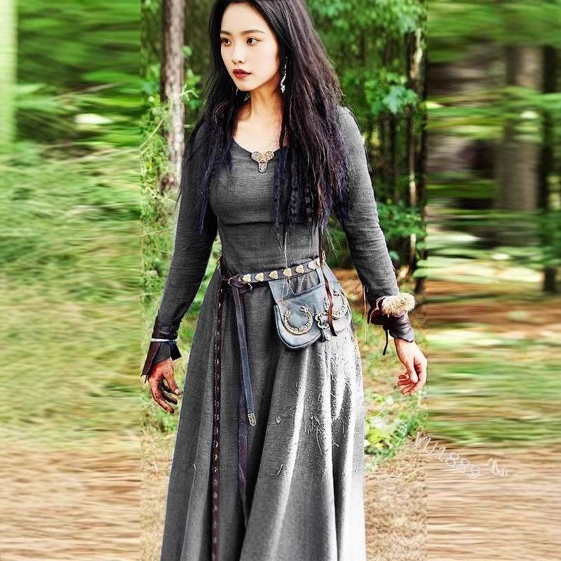 Medieval Retro Round Neck Long-sleeved Slim-fitting Dress, Renaissance Long Cosplay Performance Dress for Women