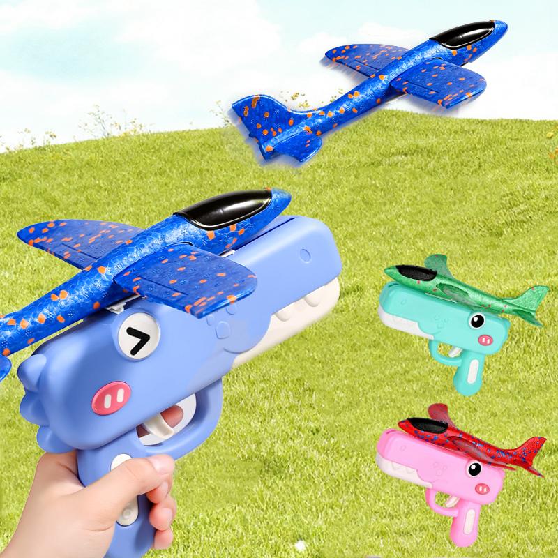 Topmix Boys Blue Dinosaur Foam Airplane Launcher Toys For Kids Foam Glider Planes Outdoor Flying Catapult Gun Aircraft Toy Foam Plane Toy For