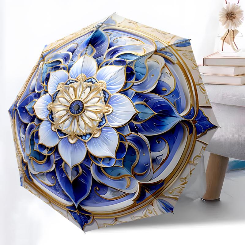 1pc Sturdy 8-Bone Auto Umbrella, Mandala Umbrella, Digital Printed, Foldable Umbrella for On-the-Go Outdoor Use
