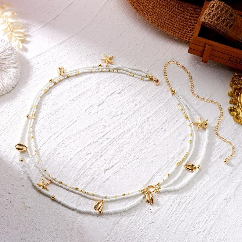 Summer Bohemian Waist Chain For Women Rice Beads Sea Star Shell Conch Starfish Pendant Body Chain Beach Vacation Bikini Jewelry
