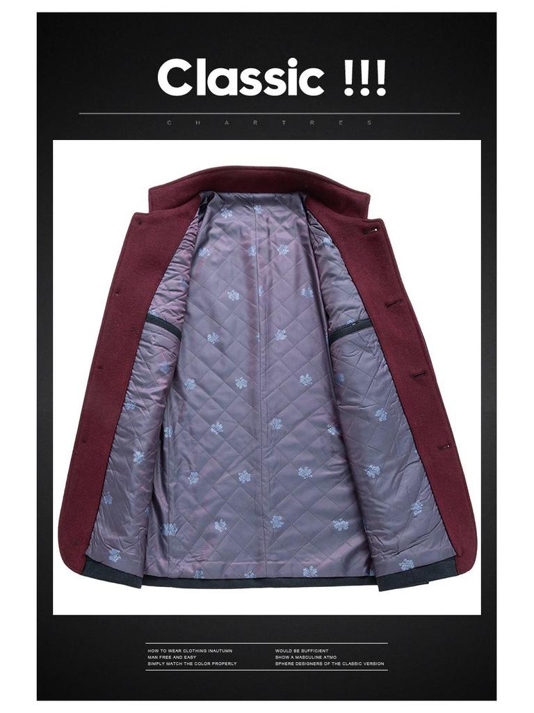 Men’s Autumn & Winter Business Woolen Jacket - Stand-up Collar, Thickened Fashion Coat for Middle-Aged