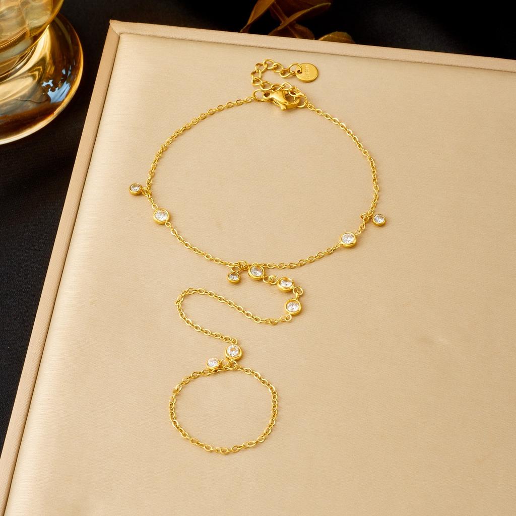 DIEYURO 316L Stainless Steel Fashion White Round Zircon Back Of Hand Chain Finger Bracelet Lady Trend Classic Waterproof Jewelry