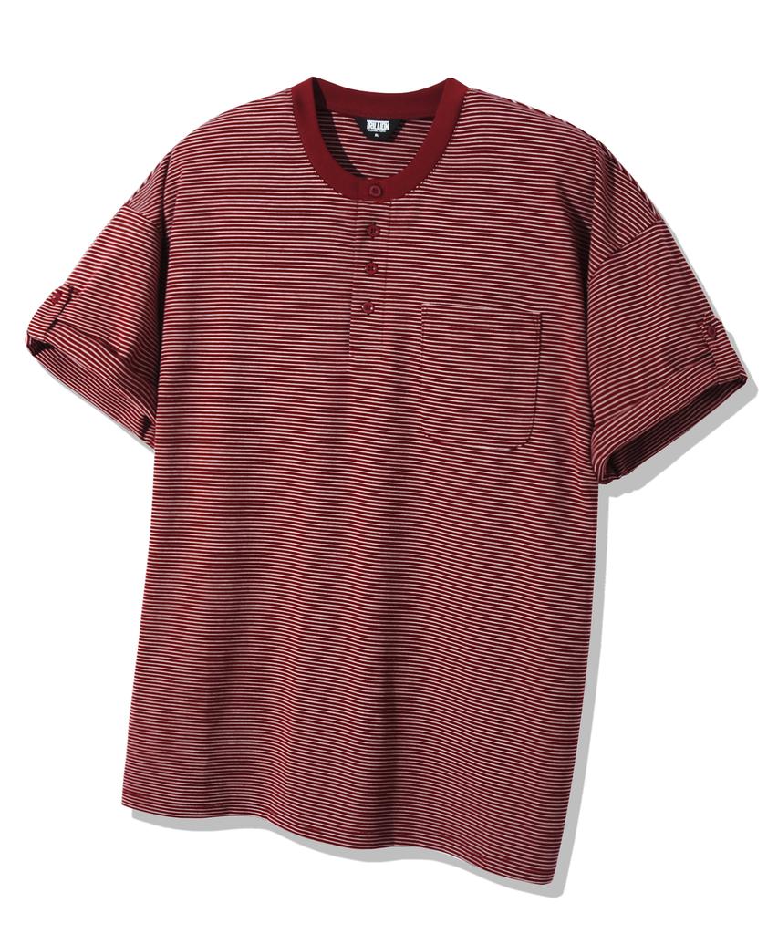 TRILLION Roll-Up One-Pocket Henley Neck Short Sleeve T-Shirt_4Color