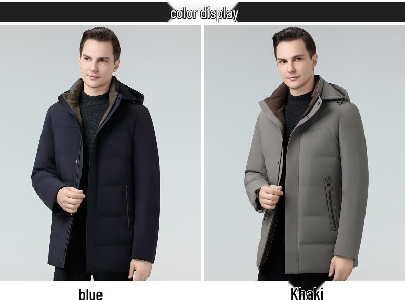 Men's Mid-Length Hooded Down Jacket - Winter Business Casual, Warm, Thick, for Middle-Aged Dads
