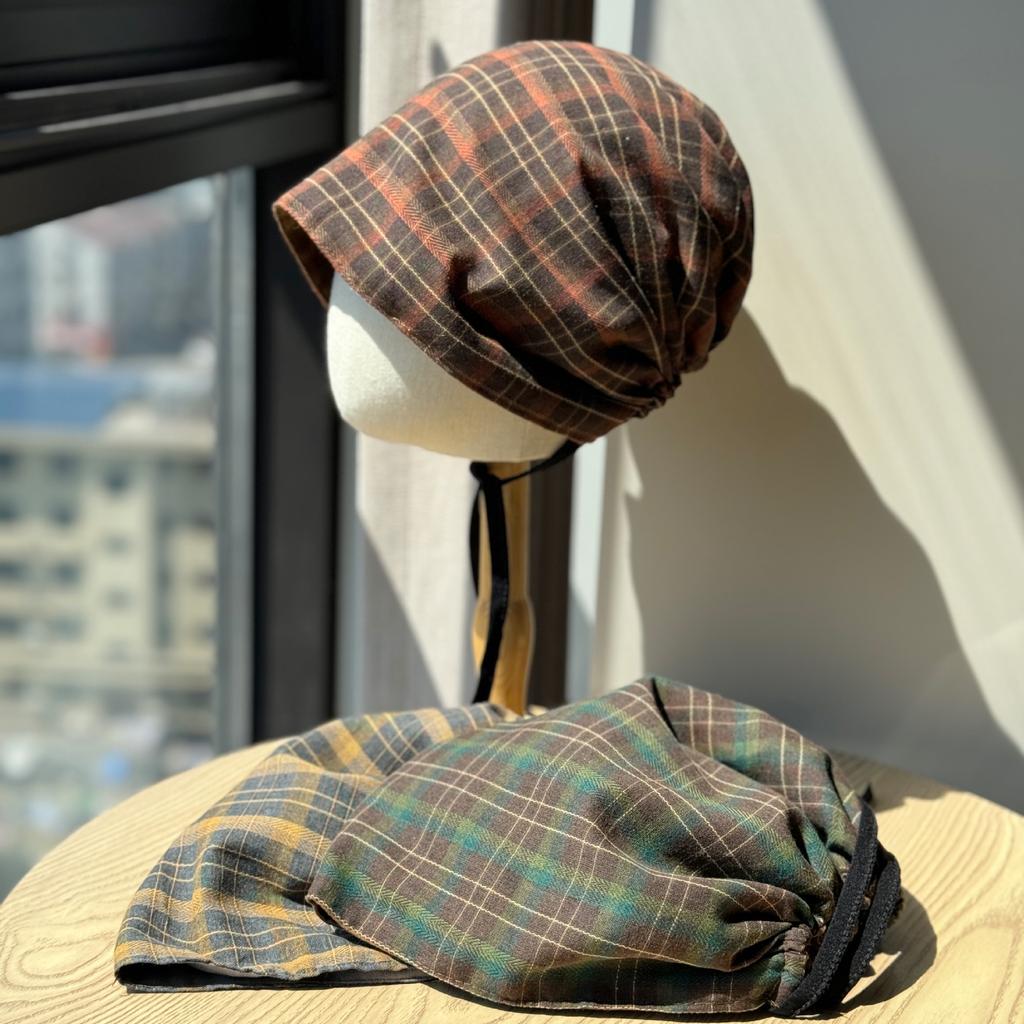 New Niche Plaid Lace Up Pullover Hat for Women Personality Irregular Baotou Hat Lazy Style  Face Showing Small Pile Hat