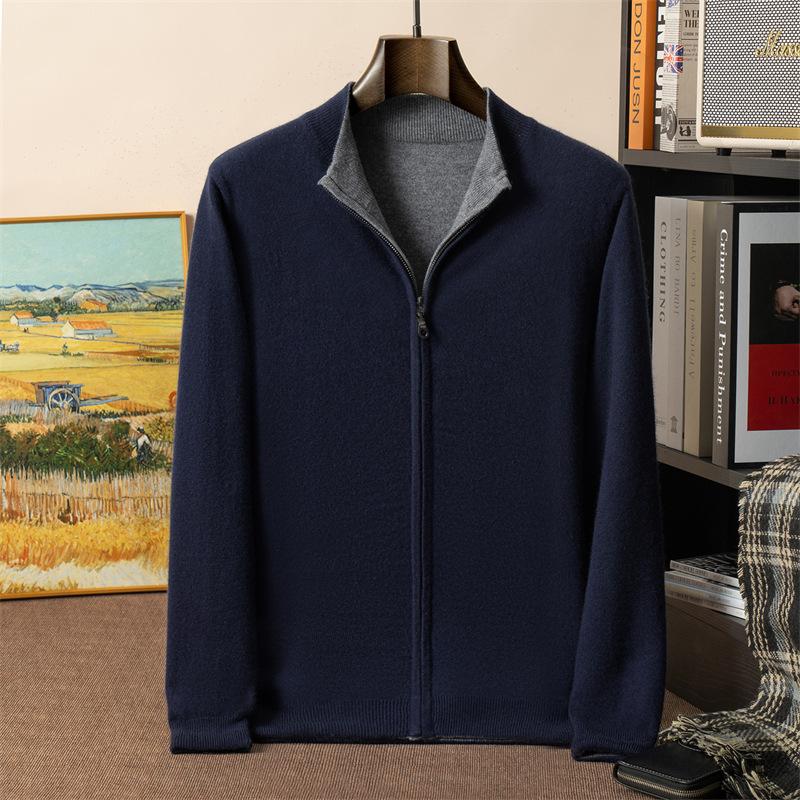 Twelve-pin heavy-duty thickened double-sided double-pierced cashmere cardigan men's stand-up neck sweater jacket