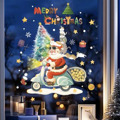 Cartoon Christmas Window Sticker Santa Claus Xmas Tree Double-Sided Glass Sticker Christmas Decoration for Home New Year 2025