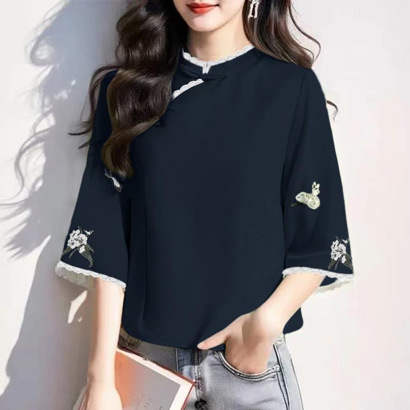 ZANZEA Women Casual Stand Collar Loose 3/4 Sleeve Blouse