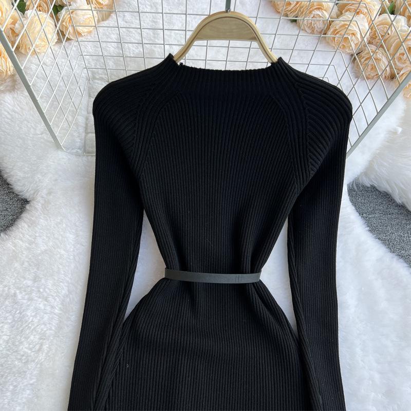 Elegant Knitted Stitching Women Dress Contracted Temperament Round Collar Gradient Color Slim In Long Skirt Female