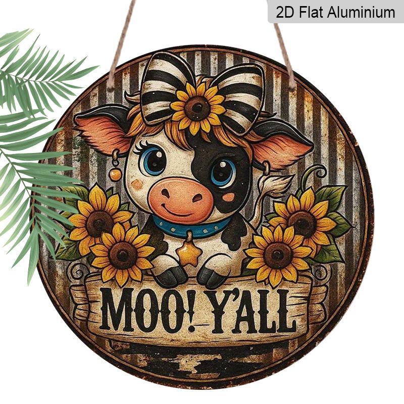 2D Flat 1pc, 8x8 in, Aluminum Metal Sign Printed Artwork Featuring A Cute Little Cow and Sunflower, Perfect for Decorating Homes, Cafes, or Cottages
