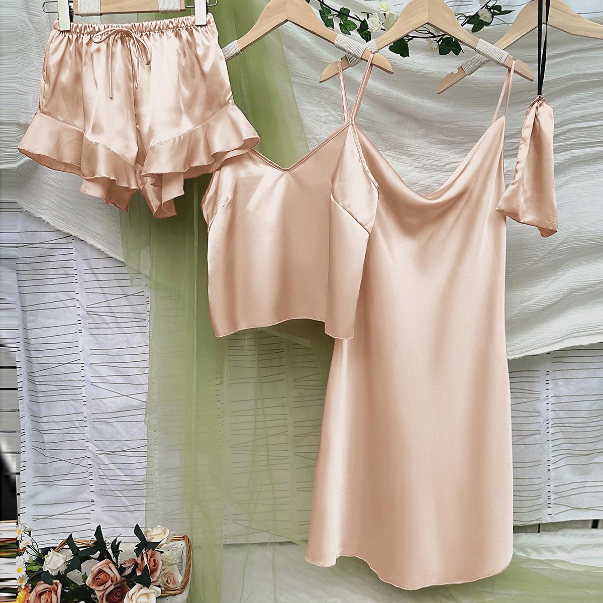 

Однотонный сексуальный легкий пижамный комплект для женщин, дышащий, мягкий, удобный, стильный пижамный комплект для женщин, искусственный шелк, шорты, платье, 3 предмета, одежда для сна XL