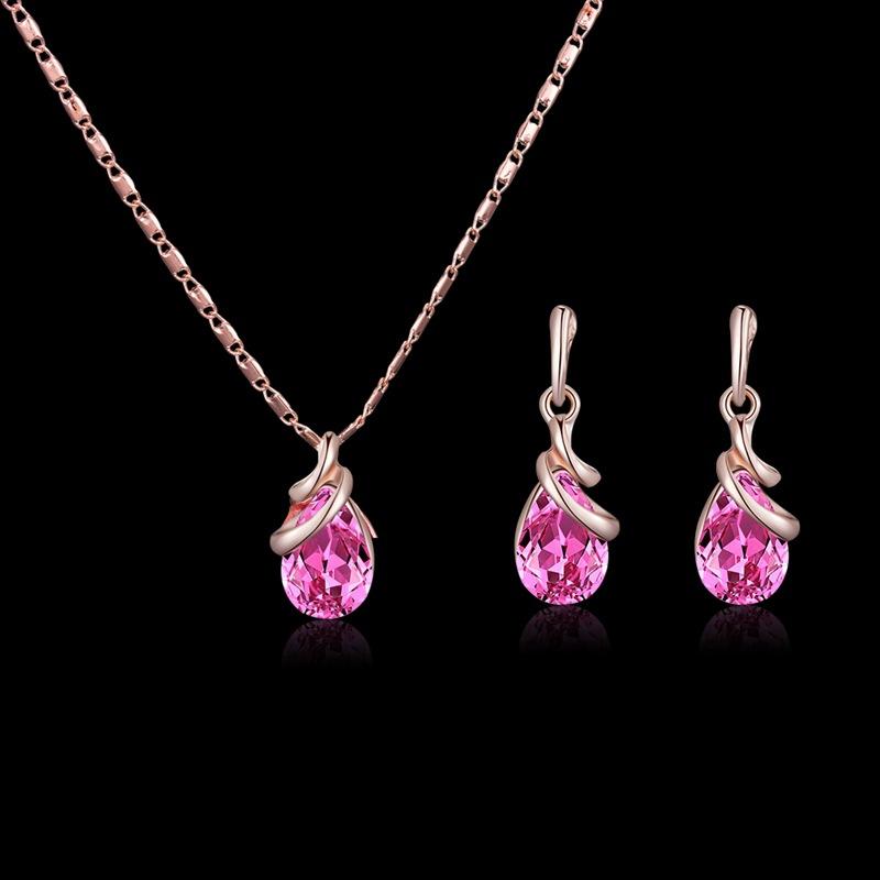 

Rising water drop pink gemstone necklace earrings wedding necklace jewelry set