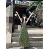 Retro Green Floral Neck Dress Women's Summer Vacation Style Skirt V-neck Waist Temperament A-word Long Dress