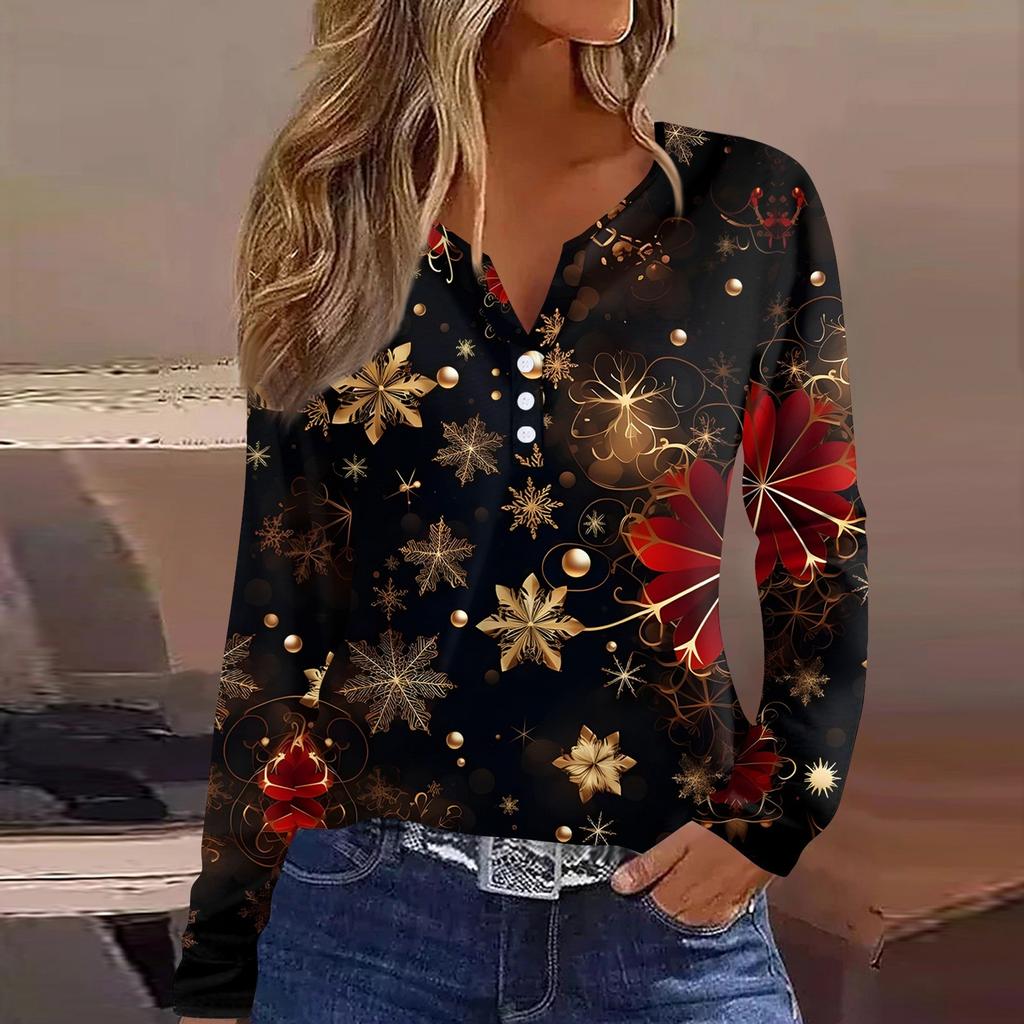 Maglietta da Donna T-Shirt Stampa Natalizia Bottoni Manica Lunga Quotidiano Weekend Moda Basic Scollo a V Regolare Top