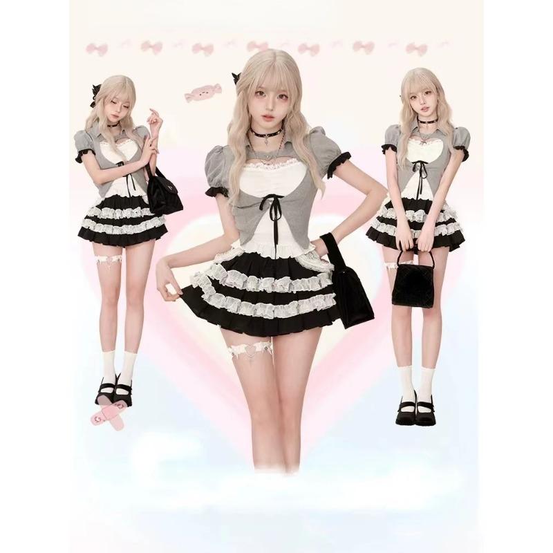 Japanese Style Kawaii 3 Piece Skirt Sets Women Sweet Tops + Casual Slim Vest + Cute Lace Mini Skirt 2000s Fashion Suit Hot Girls