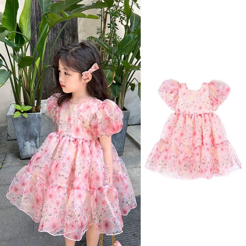 Dress Sweet Floral Rose Puff Sleeve Girls for 1-5Y