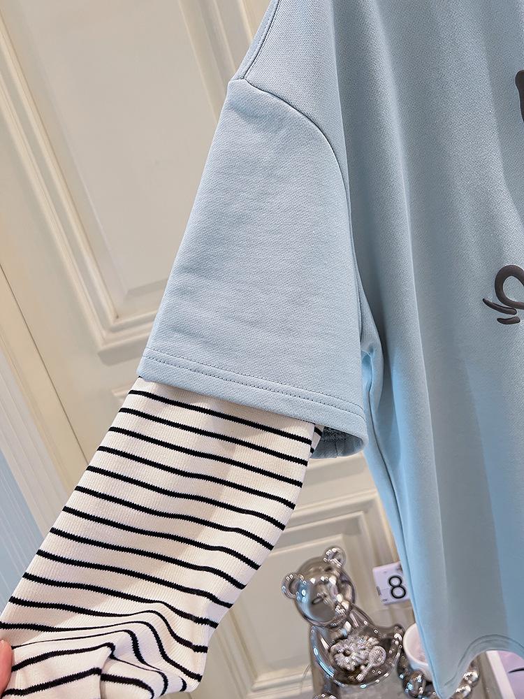 Plus Size Cartoon Striped Long-Sleeve Two-in-One Women's T-Shirt
