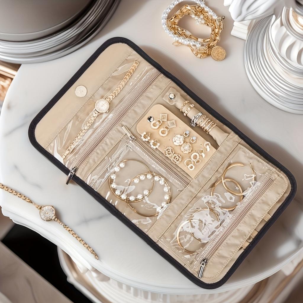 [Elegante Organizzazione da Viaggio] Organizer Arrotolabile Portatile per Gioielli - Design Trapuntato, Chiusura a Bottone a Pressione | Contiene Collane, Anelli, Orecchini e Braccialetti | Compatto
