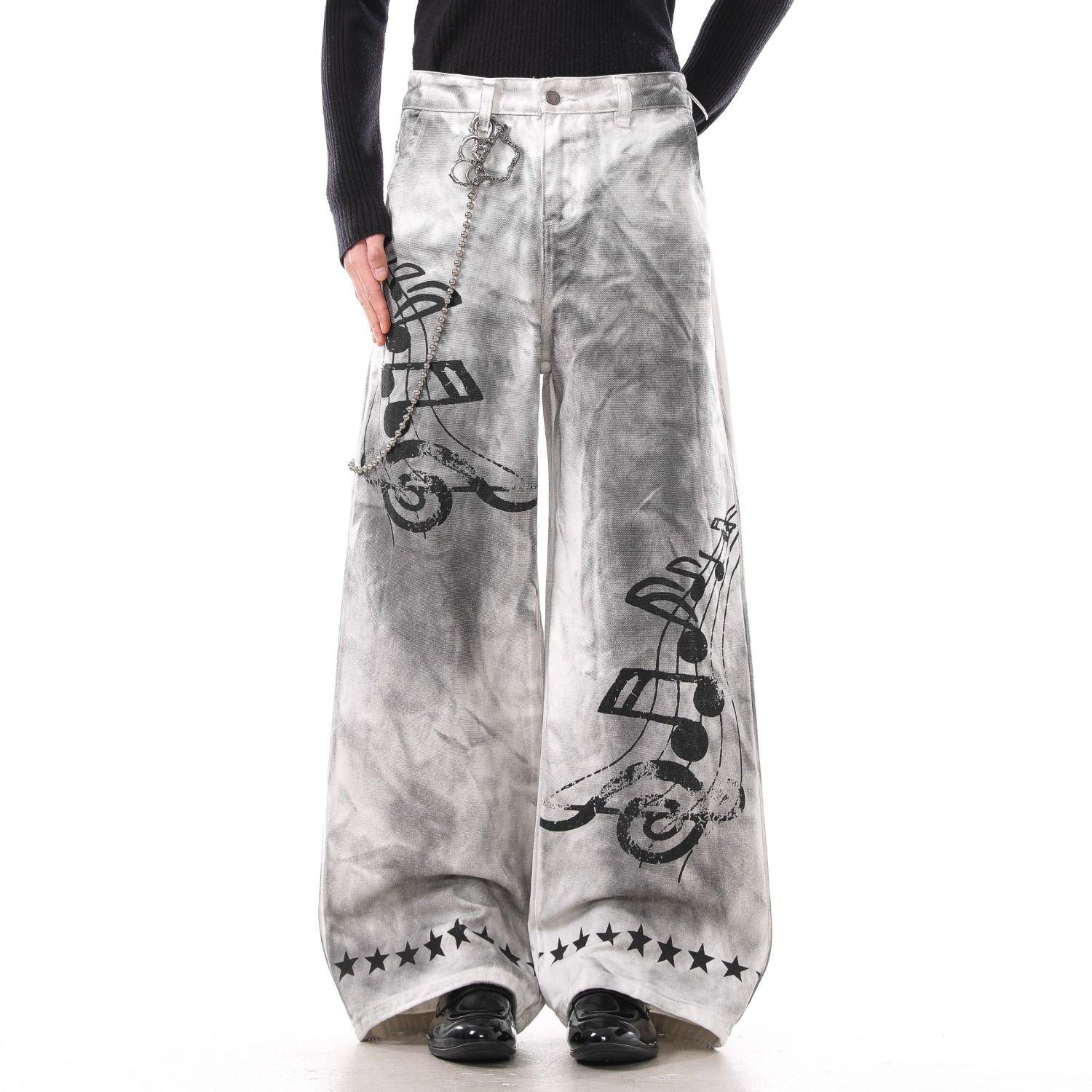 

Unisex Retro Tie-Dye Musical Notes & Stars Distressed Jeans 2XL белый