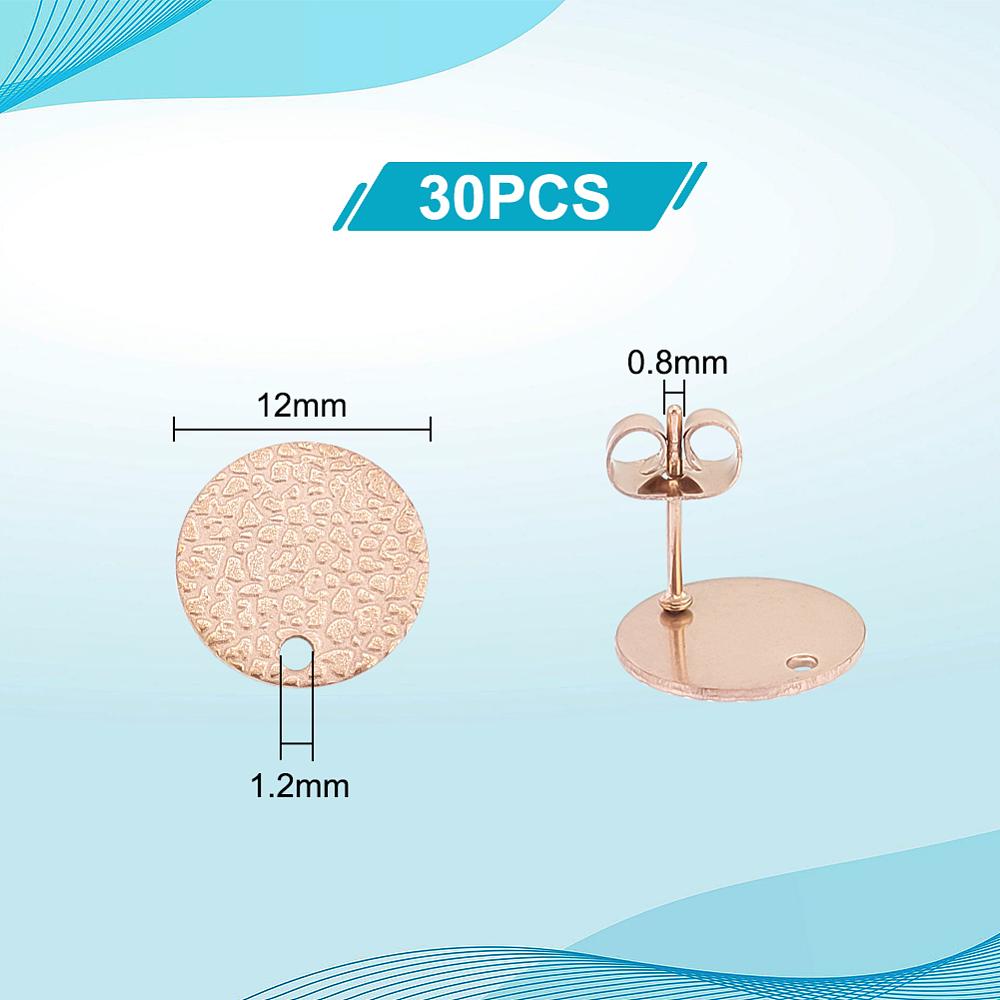 30Pcs Ion Plating(IP) 304 Stainless Steel Ear Stud Findings with Ear Nuts/Earring Backs and Hole Textured Flat Round with Spot Lines Rose Gold 12mm