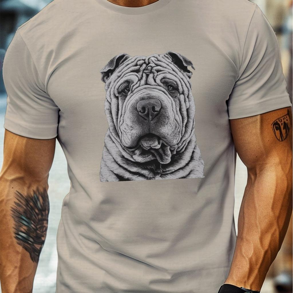 Shar Pei Dog Face Line Art Graphic Mens Cotton TShirt Breathable Casual Short Sleeve Tee