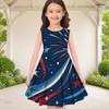 Girls Round Neck Sleeveless A Line Dark Blue Firework Printed Flared Dress